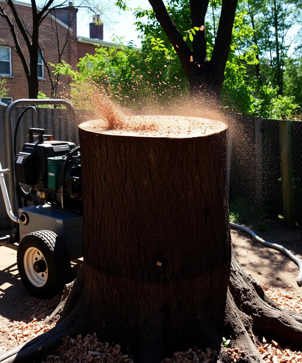 Stump grinding in a Brooklyn backyard