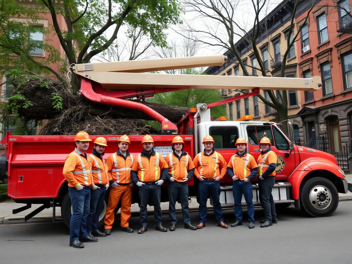 BoroTree crew in front of red bucket truck on a Brooklyn street