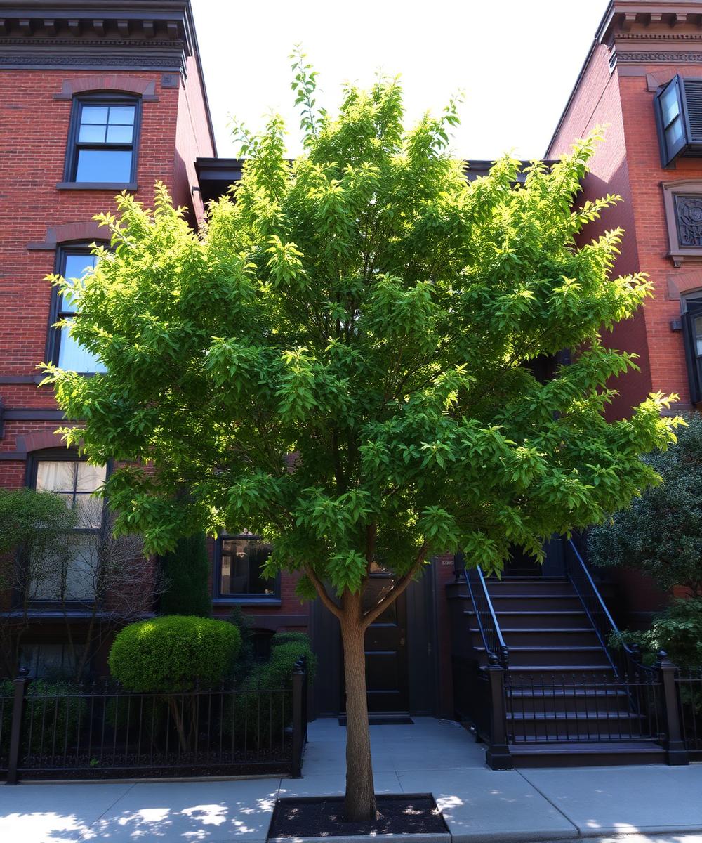 Freshly pruned tree in front of a brownstone